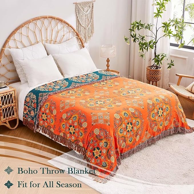 Boho Throw Blanket, 100% Cotton Ultra Soft Luxury Throw Rustic Quilt, 60"x80" Floral Printed Farmhouse Decor Bed Summer Blankets, All Season Rustic Reversible Bohemian Throw for Bed - Orange