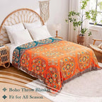 Boho Throw Blanket, 100% Cotton Ultra Soft Luxury Throw Rustic Quilt, 60"x80" Floral Printed Farmhouse Decor Bed Summer Blankets, All Season Rustic Reversible Bohemian Throw for Bed - Orange