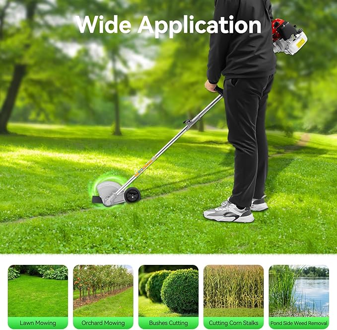 Gas Powered String Trimmer, 2 Stroke Air-Cooled Cordless Lawn Edger Gasoline Weed Eater with 2 Blade Heads for Garden Lawn Grass Hedge Trimmer (43CC, 1.25KW)