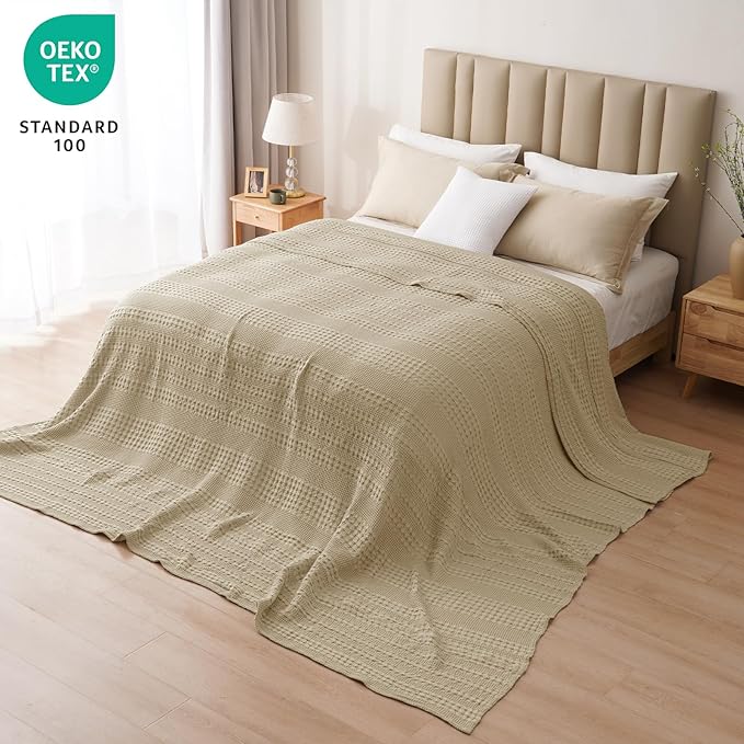 PHF 100% Cotton Waffle Blanket Oversized King 120"x120", Lightweight Breathable Extra Large 10'x10' Summer Blankets for Bed, Giant Big Luxury Aesthetic Woven Bedding for Home Decor, Khaki