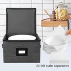 China Storage Containers Hard Shell, 12" Plates Storage Box for Dishes | Stackable Dinnerware Storage Containers with 48 Felt Dividers (4 Pack Black)