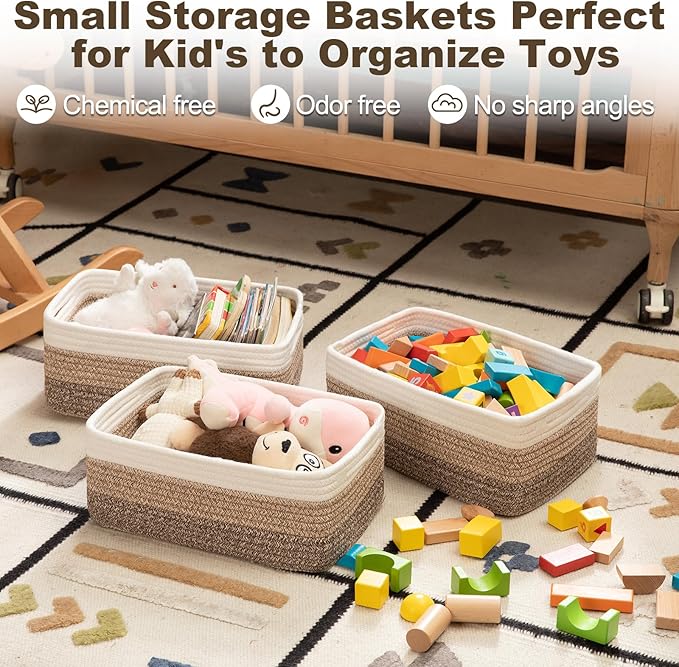 3 Pack Small Storage Baskets for Organizing, Cute Woven Decorative Gift Baskets for Shelves, Mini Closet Organizer Bins with Handles, 11.81''Lx7.87''Wx4.72''H-Brown White