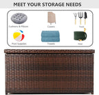 Outdoor 70 Gallon Wicker Storage Box with Waterproof Liner, Patio PE Rattan Storage Container for Outside, Deck Box with Hinged Lid for Cushions, Pillows, Towels, Horizontal Bin, Brown