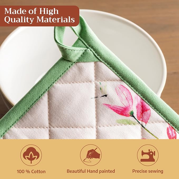 Maison d' Hermine Pot Holders 100% Cotton Potholders (8" x 8", Pack of 1) | Heat Resistant Hot Pads with Loop BBQ Cooking Baking Farmhouse Kitchen Handling Hot Pans Spring Summer - Botanical Fresh
