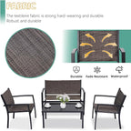 4 Pieces Patio Furniture Set Outdoor Garden Patio Conversation Sets Poolside Lawn Chairs with Tempered Glass Coffee Table Loveseat Porch Furniture Textilene Fabric Brown