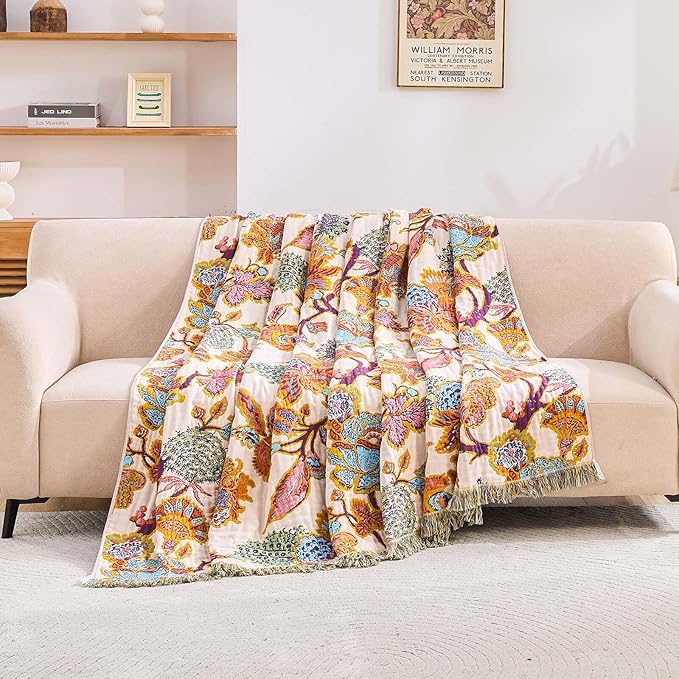 Boho Throw Blanket for Bed, 100% Cotton Soft Rustic Quilt Fall Blanket, 90"x98" Floral Printed Farmhouse Decor Bed Blankets, All Season Rustic Reversible Bohemian Throw Quilt