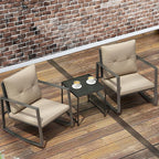 3 Piece Rocking Bistro Set - Synthetic Wicker Outdoor Furniture - Glass Coffee Table with 2 Chairs for Balcony, Patio & Porch - Black Metal, Soft Cushions (Coffee)