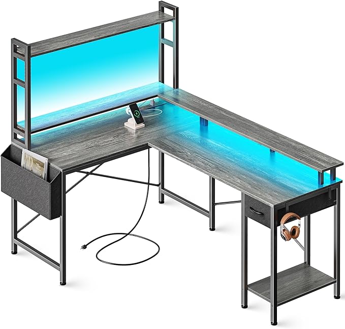 L Shaped Desk Computer Desk with LED Lights & Power Outlets, Gaming Desk with Storage Shelves, Corner Desk Home Office Desks for Bedroom, Grey