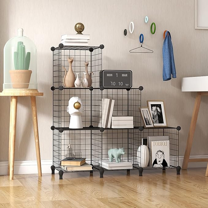 Wolizom Wire Cube Storage, Metal Grids Shelves Bookshelf, Stackable Modular Shelving Organizer, DIY Closet Bookcase Bookshelf, Grid Storage Shelf for Bedroom, Living Room, Office (Black, 6 Cube)