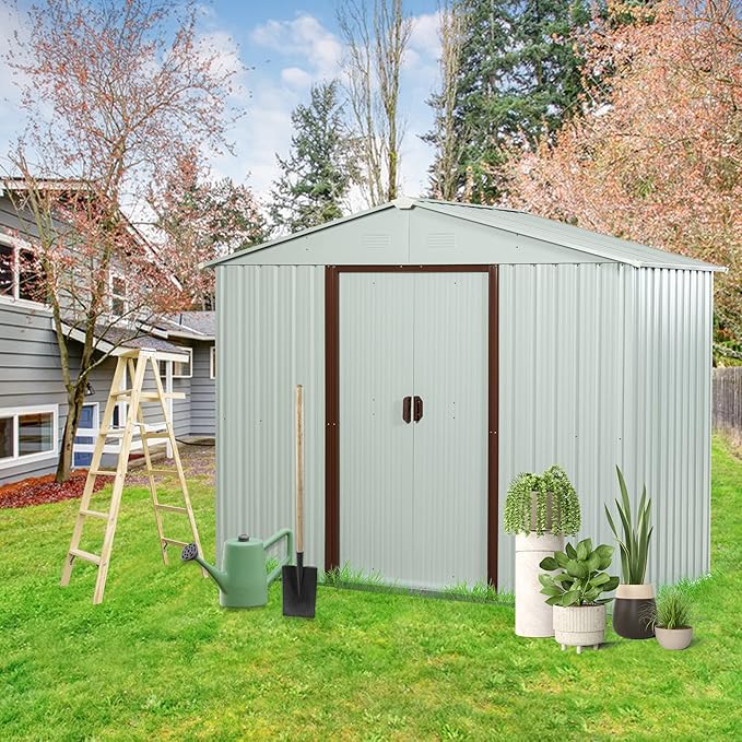 4x8 FT Outdoor Storage Shed, Metal Garden Shed with Frame Floor, Outside Tool Shed with Lockable Sliding Doors, Waterproof Storage Building with Sloped Roof for Backyard, Patio, Lawn, White
