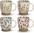 18 Oz Large Ceramic Coffee Mug Set of 4 - Rustic Handmade Floral Mugs with Handle, Microwave Safe for Latte Espresso Cappuccino Tea Cocoa Milk, Modern Unique Big Cups for Kitchen Women