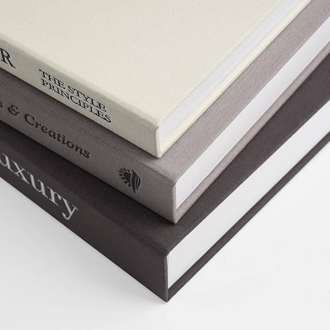 Aesthetic Decorative Books -Set of 3 Minimalist Linen Hardcover Faux/Fake Books for Coffee Table Home Decor Living Room Decoration, Photo Storage or as a Keepsake Box(Black-gray-beige-luxury)