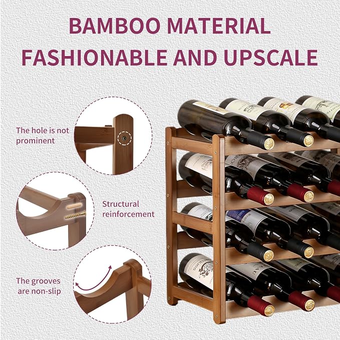 Wine Rack Storage,Bamboo Wine Racks Cabinet Shelf,4-Tier 16 Bottles Freestanding Wine Bottle Holder for Basement,Kitchen,Countertop