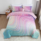 Btargot Super Soft 6 Pieces Gradient Wavy Line Comforter Set, Colorful Glitter Rainbow Star Pattern Bedding Set for Boys Girls Teens, Full Pink Green