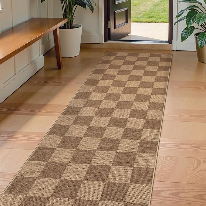 Lahome Checkered Easy Jute Kitchen Runner, 2x8 Washable Indoor Outdoor Runner Rug, Checkerboard Non Slip Non Shedding Neutral Carpet for Hallway Entryway Foyer