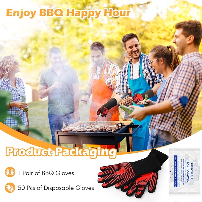 BBQ Gloves, 1472°F Heat Resistant Gloves Fireproof Mitts, Grilling Gloves Silicone Non-Slip Washable Oven Glove, Kitchen Glove for Barbecue, Grilling, Cooking, Baking, Camping, Smoker (Red)