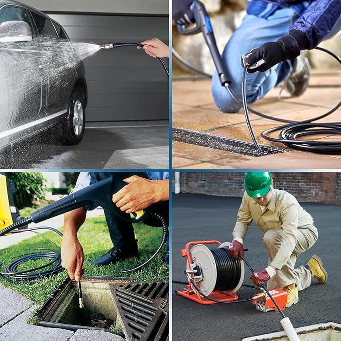 150FT Sewer Jetter Kit for Pressure Washer, 5800PSI Water Jet Durable Drain Cleaner Hose 1/4 Inch NPT Corner with 4 Specialized Nozzles，Waterproof Tape, Pearl Corsage Pin, Handle Strap & 2 Spanners