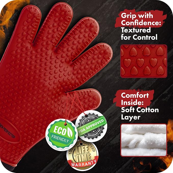 KITCHEN PERFECTION S Silicone Smoker BBQ Gloves - Heat Resistant Oven Mitts | Waterproof, 5-Finger Design For A Better Grip, for Pitmasters, Meat Smoking, Grilling, Cooking, Frying Turkey | Grill Gift
