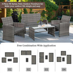 Shintenchi 4-Piece Outdoor Gray Wicker Patio Conversation Furniture Set, Rattan Patio Furniture Set with Weather Resistant Cushions and Tempered Glass Tabletop,Grey