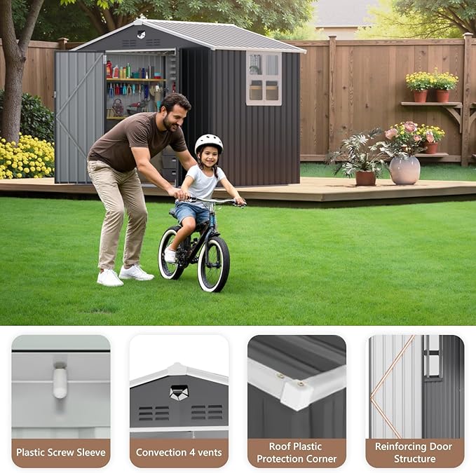 8x6 FT Outdoor Storage Shed, Metal Garden Shed - Tool Storage Sheds with Lockable Doors & 1 Clear Window, Waterproof Outside Storage Building for Backyard, Patio (Black; Floor Not Included)