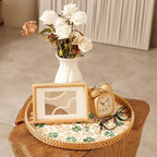 Round Rattan Tray with Mother of Pearl Inlay & Wooden Base - Decorative Wicker Serving Tray for Coffee/Bread/Fruits, Food Storage & Display - Multipurpose Home Decor (M,Four-Leaf Clover)