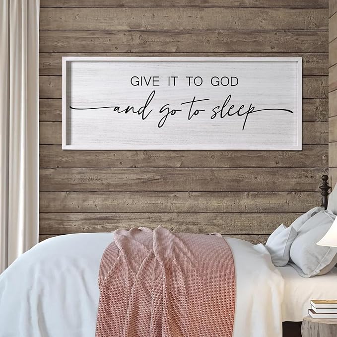 Give It to God and Go to Sleep Decorative Rustic Sign & Plaque Framed Wall Art for Couples, 40''×15'' Vintage Farmhouse Wooden Horizontal Wall Decor Above Bed, Cottagecore Wedding Gift for Bedroom