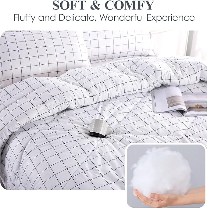Andency White Grid Comforter Set Queen Size (90x90 Inch), 3 Pieces(1 Grid Comforter and 2 Pillowcases), Summer Lightweight Microfiber Down Alternative White Comforter with Black Lines