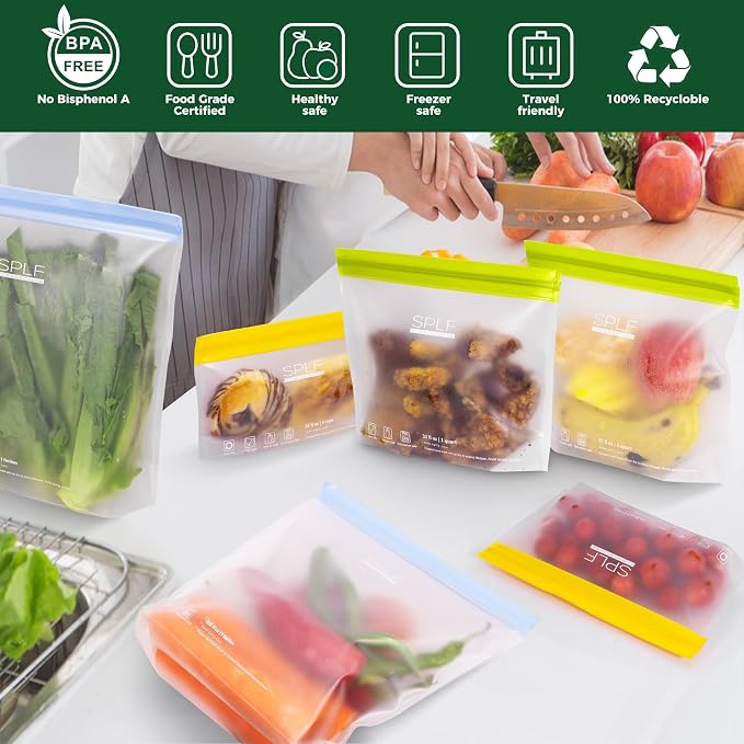 SPLF 10 Pack Stand-Up Reusable Snack Bags Dishwasher Safe | BPA Free Food Storage Bags, Extra Thick Leakproof Freezer Bags Silicone Snack Pouch For Candy, Fruits, Cereal, Travel Item