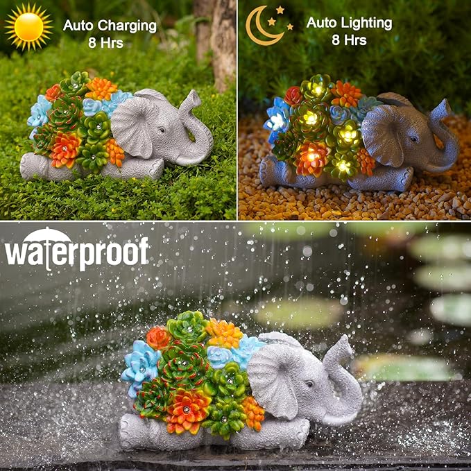 Nacome Elephant Statues with Succulent for Garden Decor: Solar Outdoor Clearance Outside Yard Art Porch Patio Balcony Front Lawn Ornaments –Birthday Gifts for Mom Grandma Women