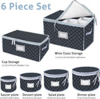 China Dinnerware Storage Containers Set- Dish,Mug,Stemware Storage Cases - Quilted Box Bins Stackable with Divider,handles,Clear Window for Cups,Plates,Wine Glasses Moving Set of 6 (Grey