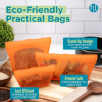 Home Logic Reusable Snack Bags - Set of 6 Firecracker Orange Silicone Freezer Bags, Airtight Leak Resistant Reusable Zip Bags for Kitchen Home Food Prep, Microwave & Sous Vide Safe