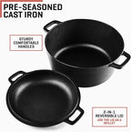 Uno Casa 2-in-1 Cast Iron Dutch Oven Large - 5 Quart Dutch Oven Pot with Lid, Pre-Seasoned Cooking Dish for Bread Baking and Stews - Heavy Duty Cast Iron Pot with Detachable Frying Pan Lid for Versatile Cooking