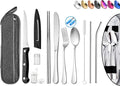 Portable Reusable Travel Utensils Silverware with Case,Camping Cutlery set,Chopsticks and Straw, Flatware Cutlery Set with Case, Stainless steel Travel Utensil set Top (Silver)