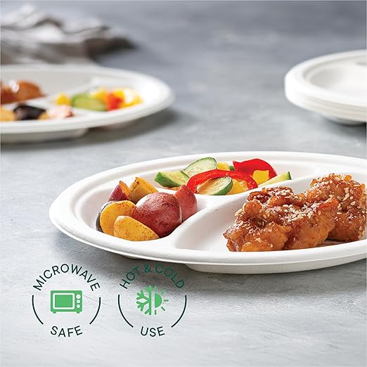 100% Compostable Paper Plates 10 Inch Bulk [500 Count] Heavy-Duty Dinner Plates with Compartments - Natural White Color Bagasse - Eco-Friendly Disposable Biodegradable Sugarcane - [Case 4/125 Pack]