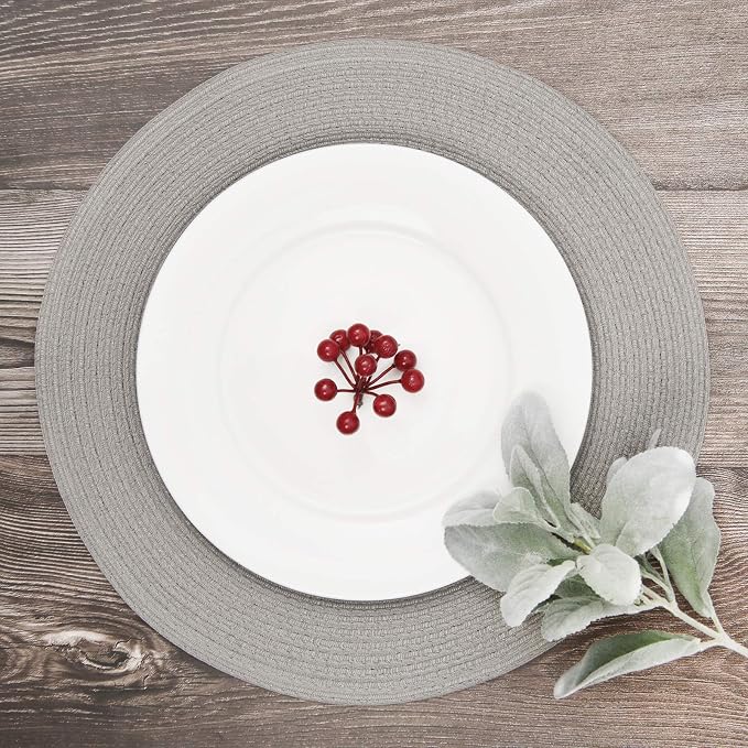 SHACOS Round Braided Placemats Set of 6 Thick Fabric Circle Grey Place Mats Woven Table Mats for Dining Tables 15 inch (Gray, 6)