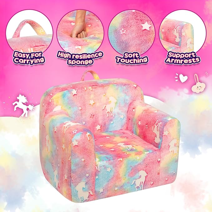 ALIMORDEN Kids Ultra-Soft Snuggle Foam Filled Chair, Cuddly Sherpa Reading Couch for Boys and Girls,Glow-in-The-Dark Unicorn Pattern