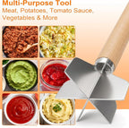 Palksky Ground Beef Masher, Stainless Steel Hamburger Smasher Tool with Wooden Handle, 6-Blade Heavy-Duty Kitchen Tool for Beef, Turkey, Potatoes & More