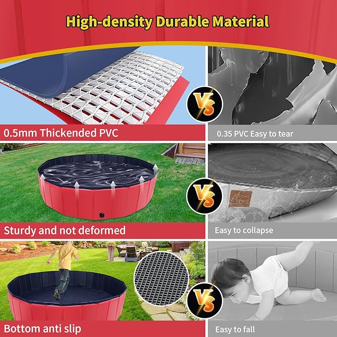 Foldable Dog Pool, 32" x 8" Kiddie Pool with Hard Plastic, Non-Slip Dog Bath Tub for Outdoor Backyard, Collapsible Dog Swimming Pool for Kids Dogs Pets (Red)