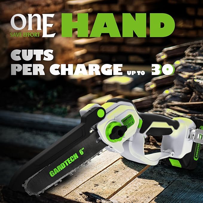 Gardtech Mini Chainsaw Cordless 6 Inch - Portable Electric Chainsaw Cordless Battery Powered, Handheld Small Chain Saw with 2-side Security Lock [Southpaws Friendly] for Wood Cutting, Pruning Branches