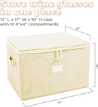 storageLAB Wine Glass Storage Case | Hard Shell Felt Dividers | Cream | Hard shell case holds 12 wine glasses in 4x4 felt compartments. Stackable, top-load, label tag. Cream linen finish.