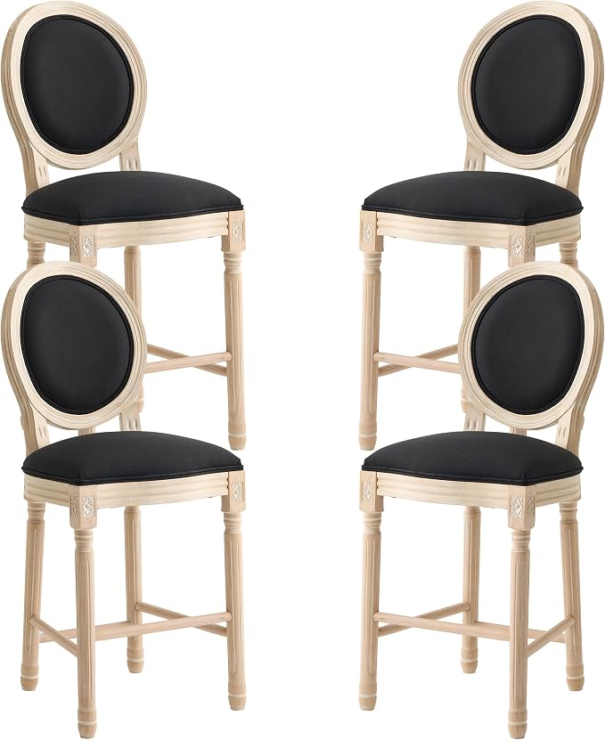 French Country Barstool, Linen Farmhouse Counter Height Chair | Set of 4, with Cushion Round Back and Solid Wood Legs, Oval Chairs for Restaurant, Bar, Kitchen, Café, Black