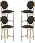 French Country Barstool, Linen Farmhouse Counter Height Chair | Set of 4, with Cushion Round Back and Solid Wood Legs, Oval Chairs for Restaurant, Bar, Kitchen, Café, Black