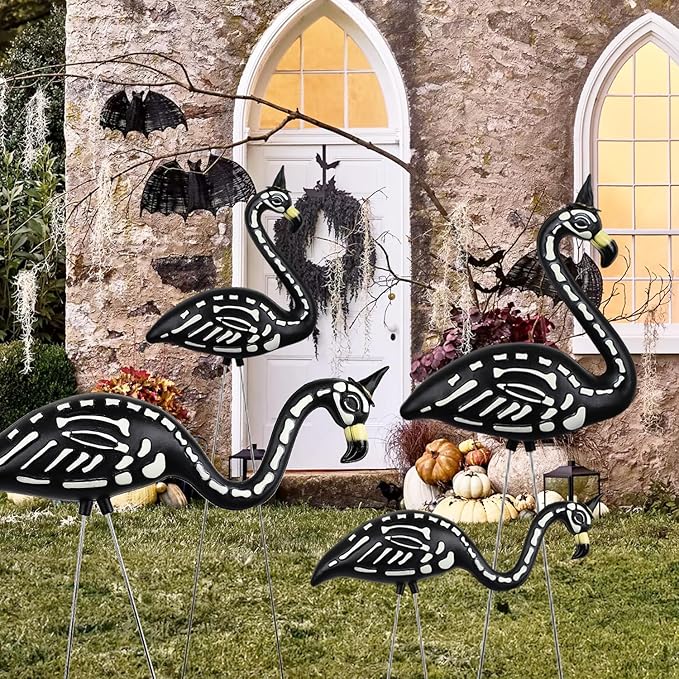 Halloween Black Flamingo Skeleton,Skeleton Flamingo Glow in The Dark, Zombie Flamingos for Spooky Graveyard Decorations, Skull Flamingo with Stakes for Halloween Lawn Ornaments, 2 Pack