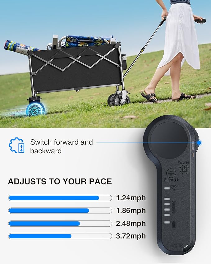 Electric Utility Wagon Cart–330 lb Load, 180 L Foldable Beach Wagon with Remote, 4-Speed, All-Terrain Wheels for Camping, Beach, Garden & Shopping, Black