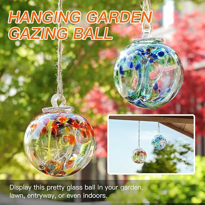 YaoYuan 4 Inch Garden Hanging Gazing Ball Hand-Blown Glass for Hanging Gardens Window Outdoor Gazing Ball Witch Balls Glass Ornament (Bule and Purple)