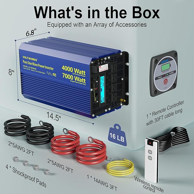 4000W Pure Sine Wave Inverter 24V DC to 110V 120V Power Inverter 7000W Surge Peak Power for 2S, FCC Approved, 4AC Outlets, Fast Charging USB, LCD Display, Wireless Remote for RV Off-Grid Solar Car
