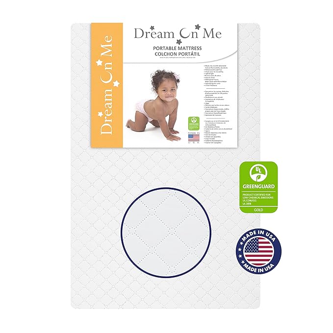 3 in 1 Portable Folding Stationary Side Crib in White, Greenguard Gold & Sunset 3” Extra Firm Fiber Crib Mattress, Greenguard Gold Certified, Waterproof Vinyl Cover