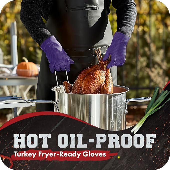 KITCHEN PERFECTION XL Silicone Smoker BBQ Gloves -Heat Resistant Oven Mitts | Waterproof, 5-Finger Design For A Better Grip, for Pitmasters, Meat Smoking, Grilling, Cooking, Frying Turkey | Grill Gift