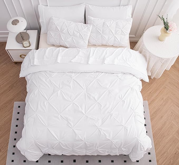 LANE LINEN White Comforter Set with Sheets, 7 Piece Bed in a Bag Queen Size, Pintuck Queen Bed Set, Ultra Soft Bedding Queen Size with Down Alternative Comforter, Sheets, Pillowcases & Shams - White