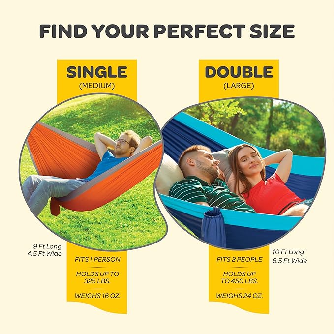 Durable Hammock 500 lb Capacity, Nylon Camping Hammock Chair - Double or Single Sizes w/Tree Straps and Attached Carry Bag - for Travel/Backpacking/Beach/Backyard (Large, Forest Green & Lima Green)